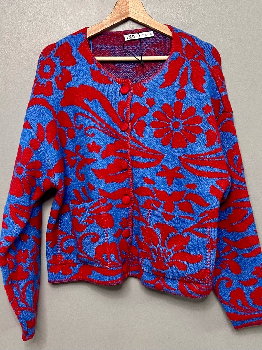 Zara Jacquard Floral Knit Cardigan Vibrant Blue & Red Floral Button Up Sweater